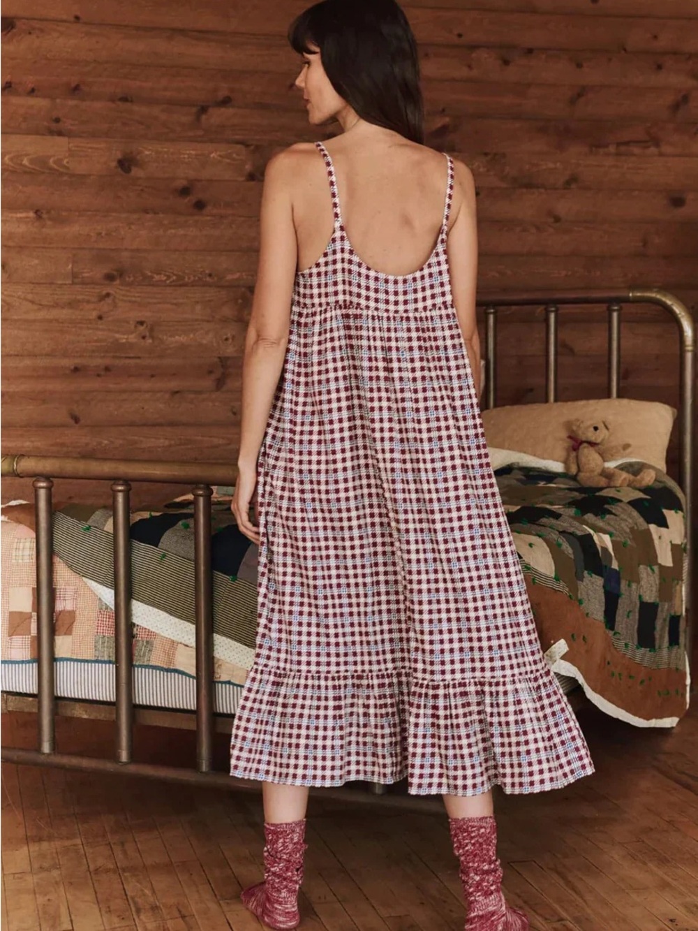 The Great. Ruffle Tank Night Dress in Bordeaux Plaid - Size 2/M - Picture 2 of 6